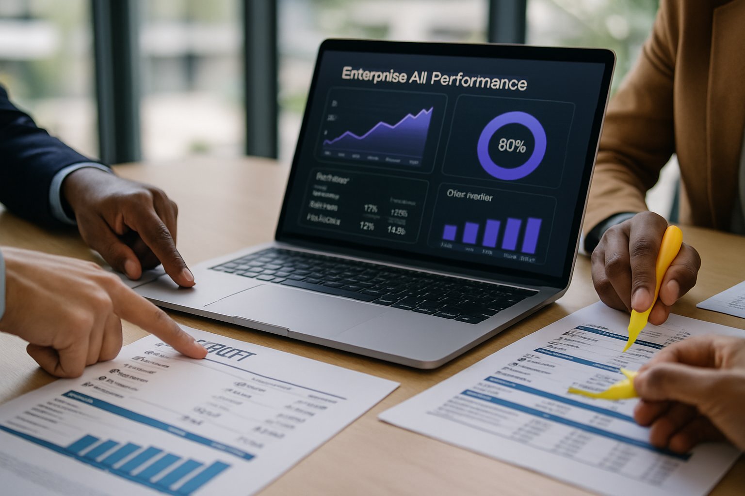 Financial documents and dashboards demonstrate enterprise AI ROI calculations during a strategy meeting.