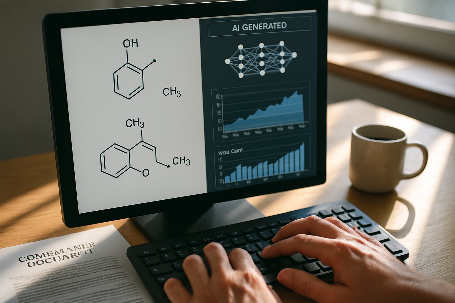 AI-powered drug discovery data analysis on a researcher's computer screen.