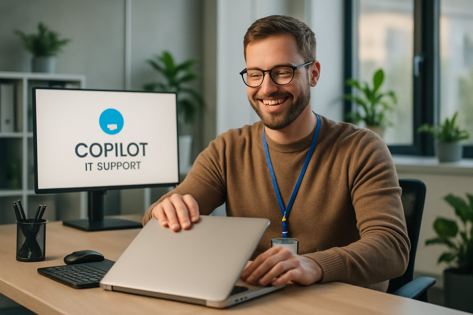 IT professional automating tasks with Copilot IT Support in a modern office setting.