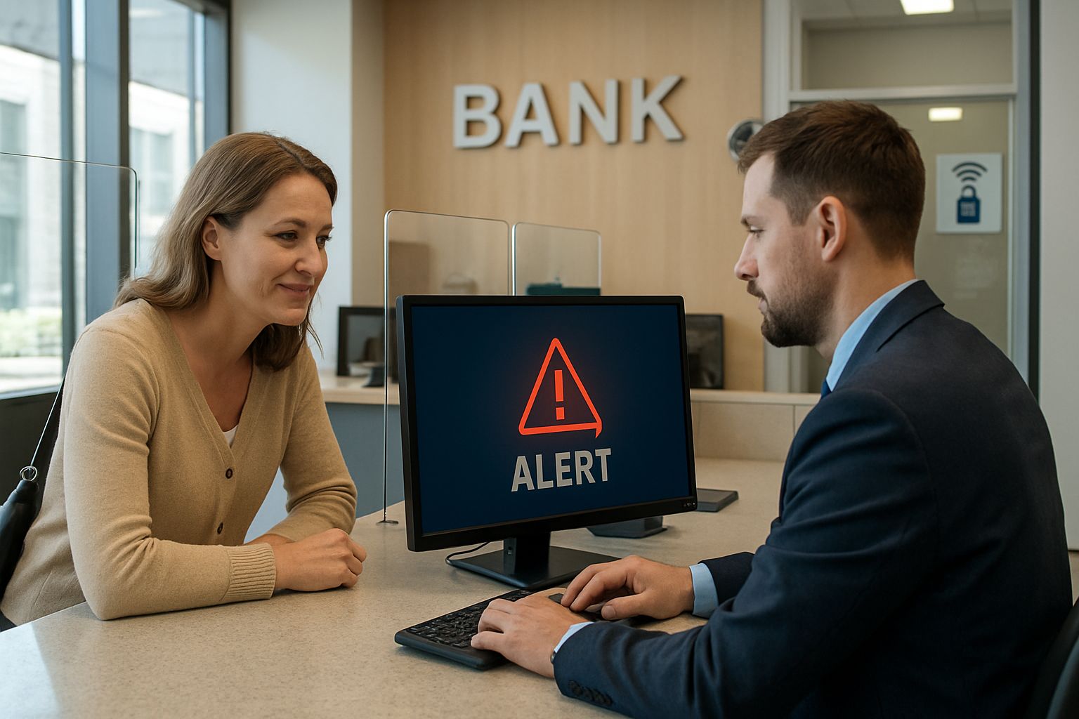 Bank staff reviewing fraud detection alerts using AI solutions at a branch.