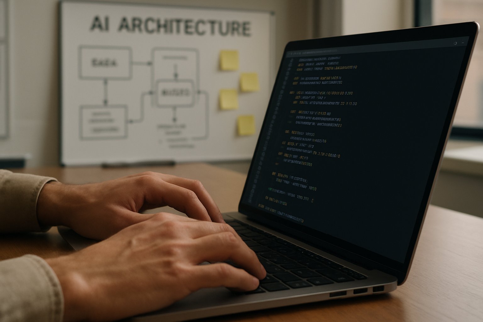 Developer coding the enterprise AI technology stack on laptop.