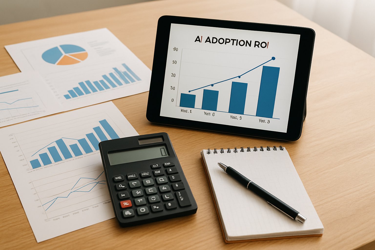 Calculator and reports analyze artificial intelligence adoption ROI in business.