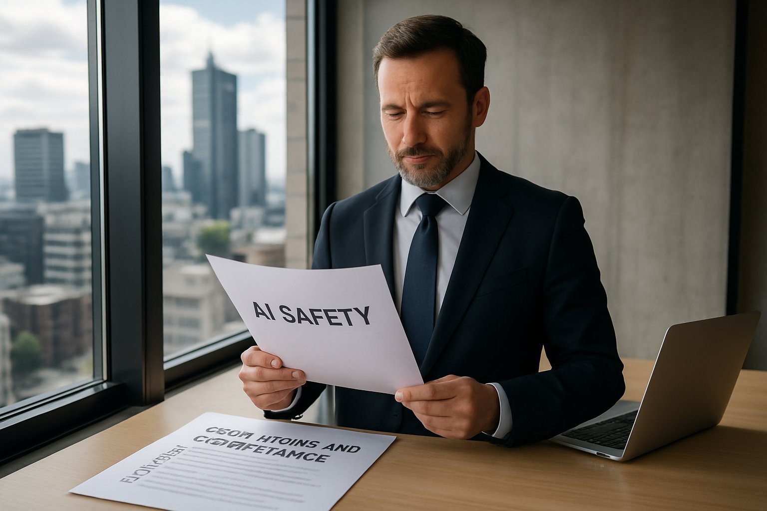 CEO reviewing AI Safety documents and compliance checklists in a city office.