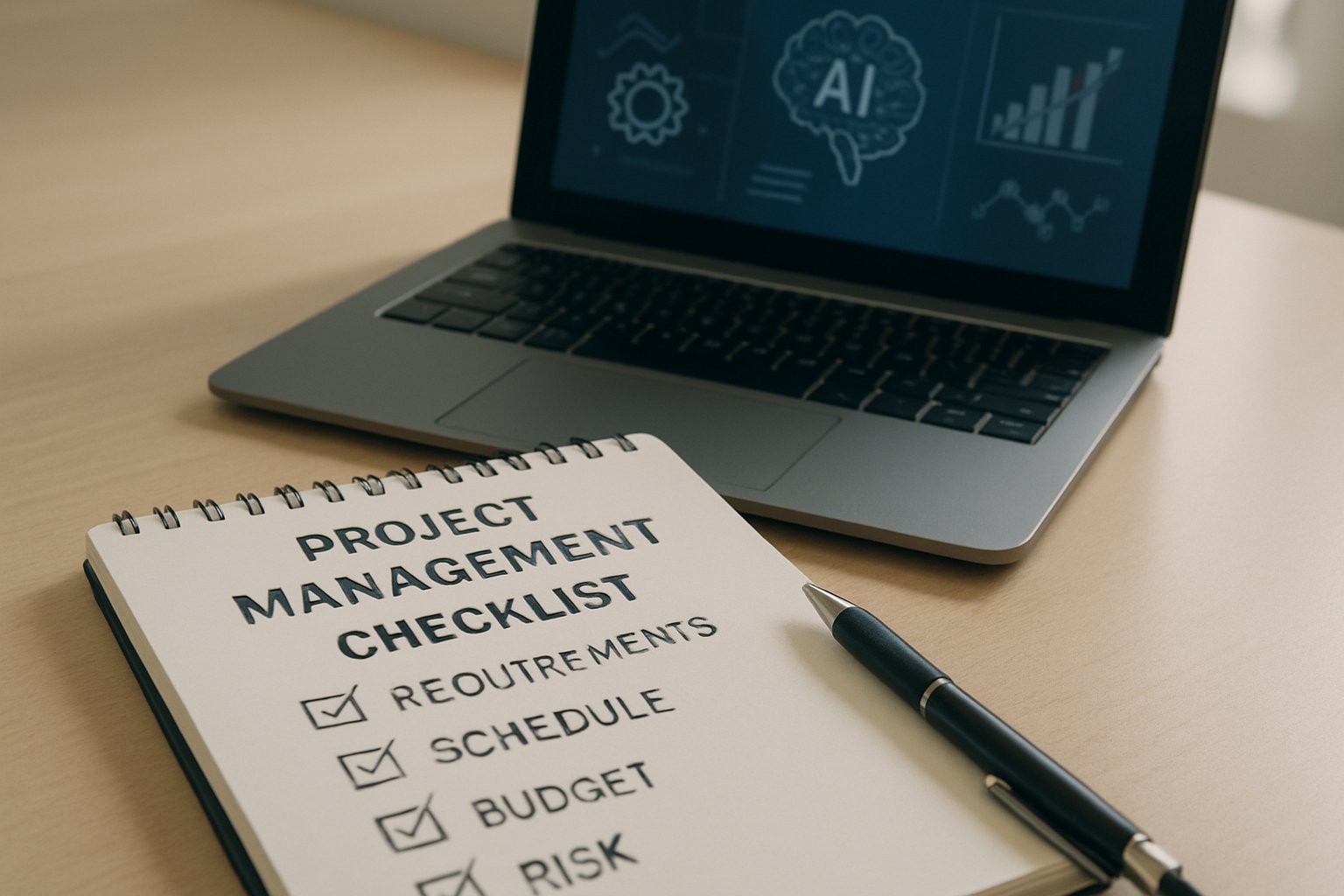 Hand-filled project management checklist with AI infographics on laptop screen