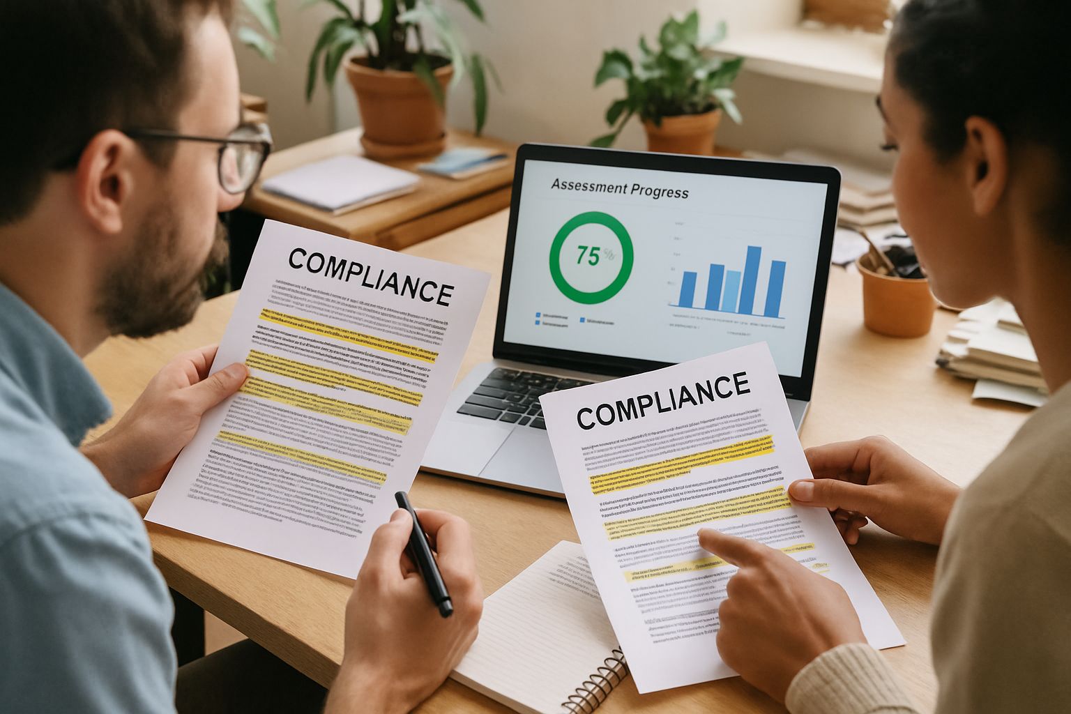 Colleagues review AI compliance self-assessment results together at office desk.