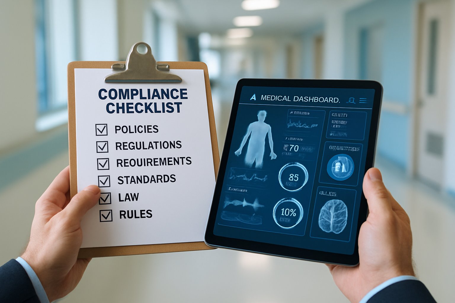 Administrator reviewing ethical AI compliance checklist in healthcare setting.