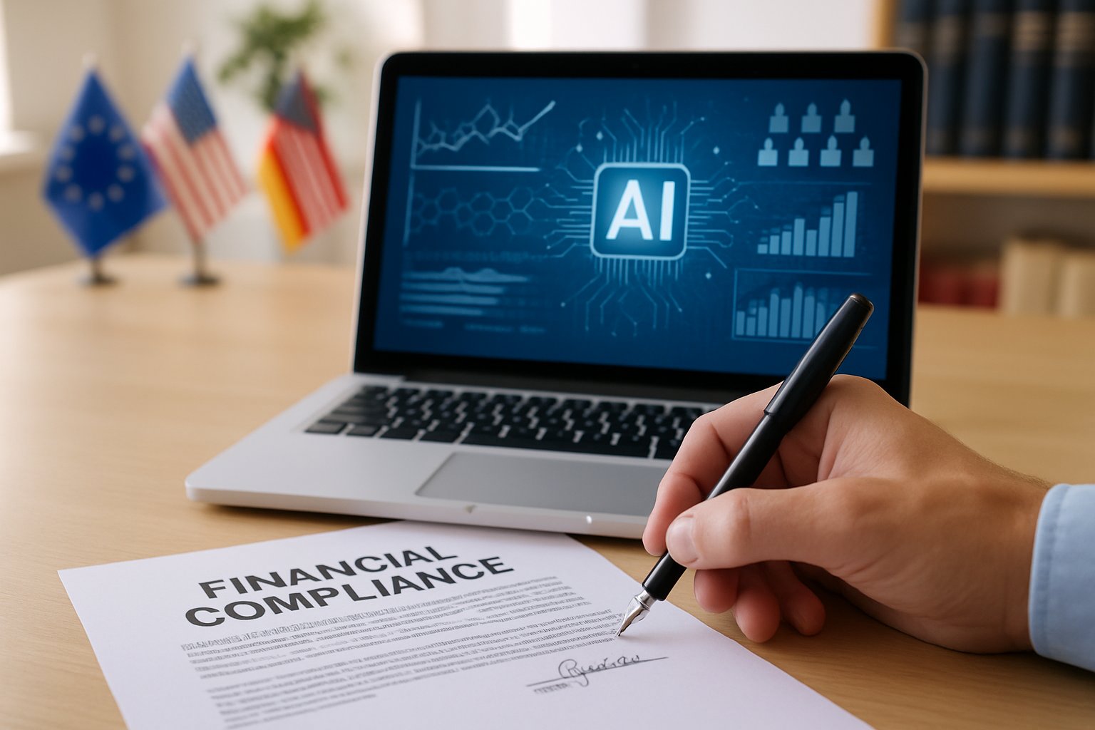 Signing financial compliance documents for global AI regulation adherence.