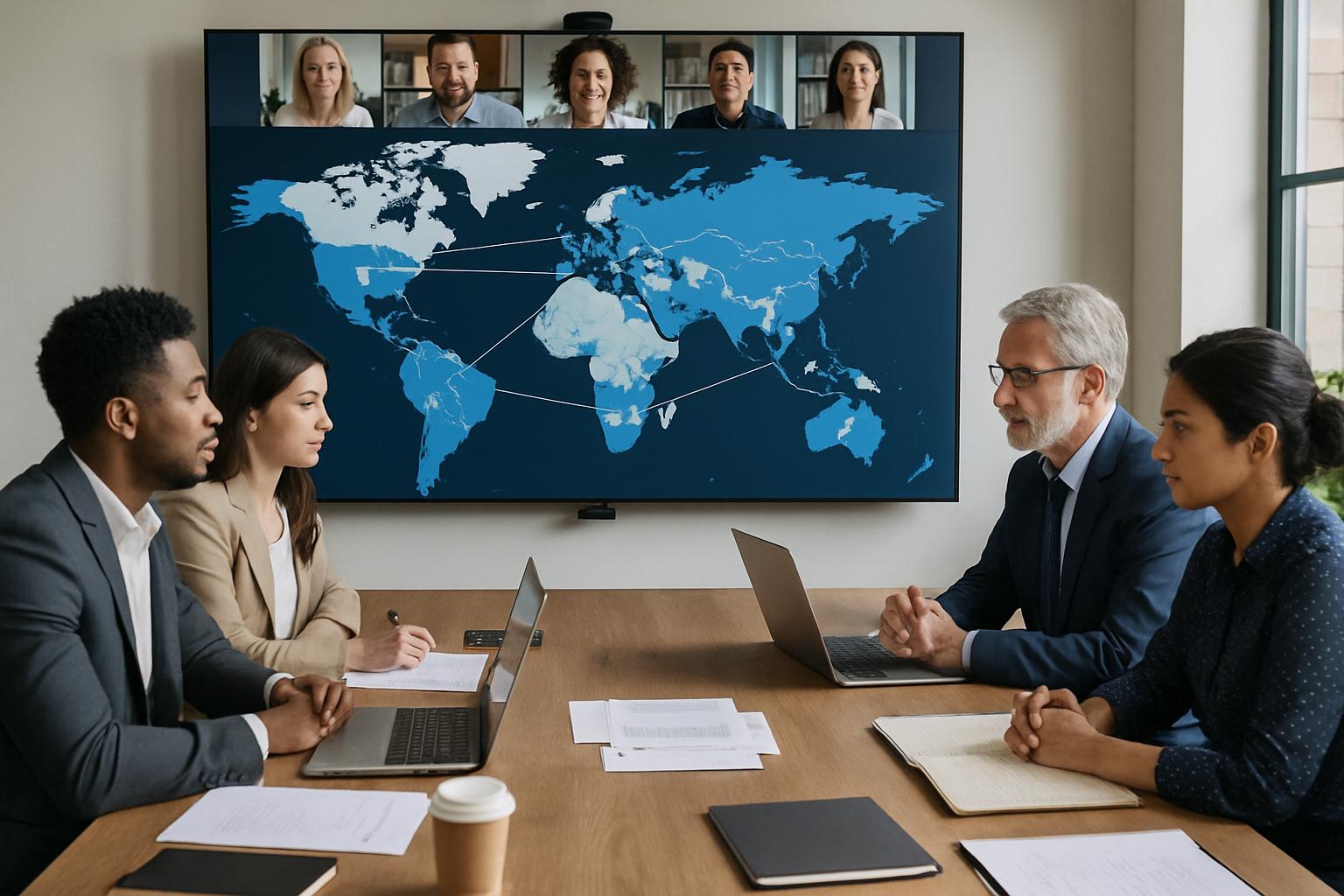 Executives connect nations for scalable AI implementation via video call.