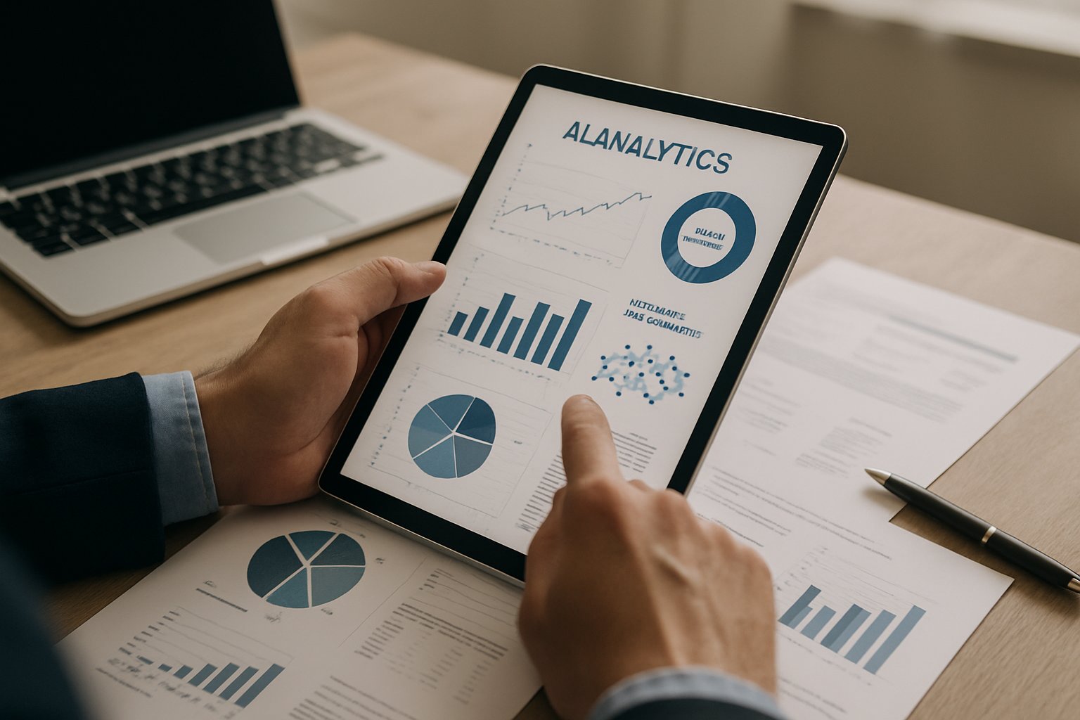 Consultant analyzes AI-driven analytics at strategy consulting desk.