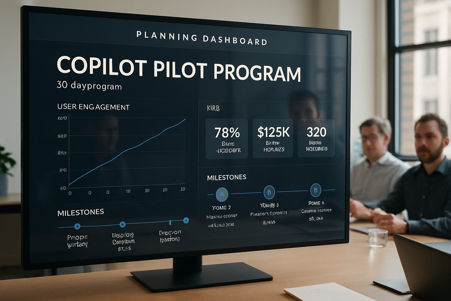 Planning dashboard displaying KPIs for Copilot Pilot Program in office meeting room.