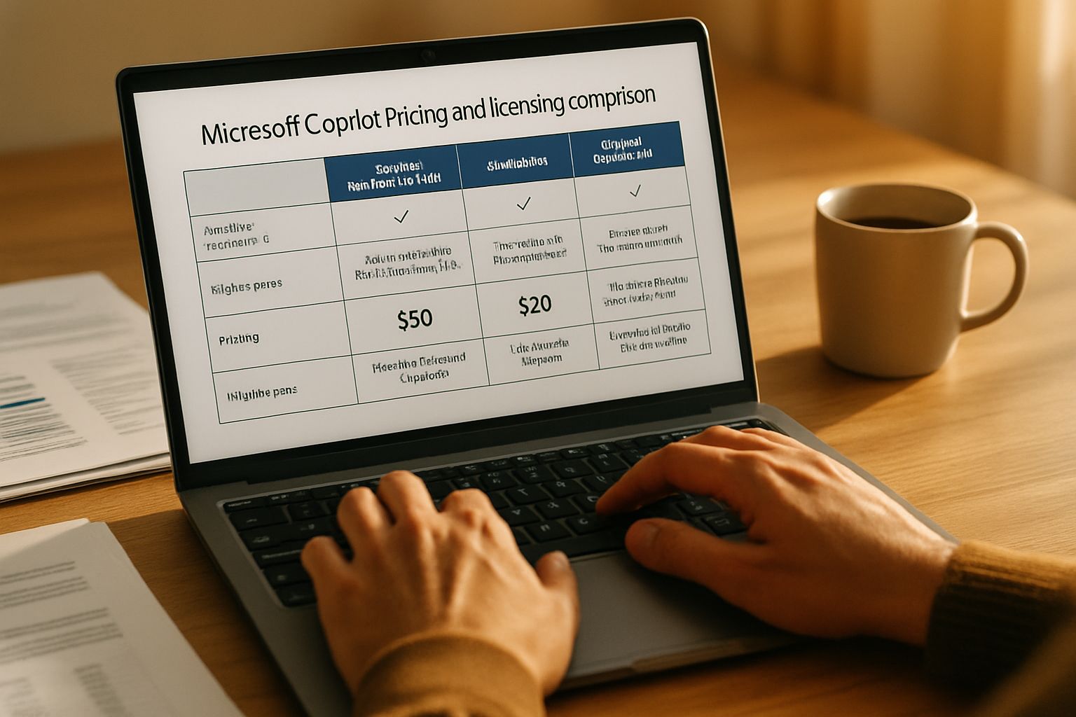 User researching Microsoft Copilot Pricing and licensing on laptop