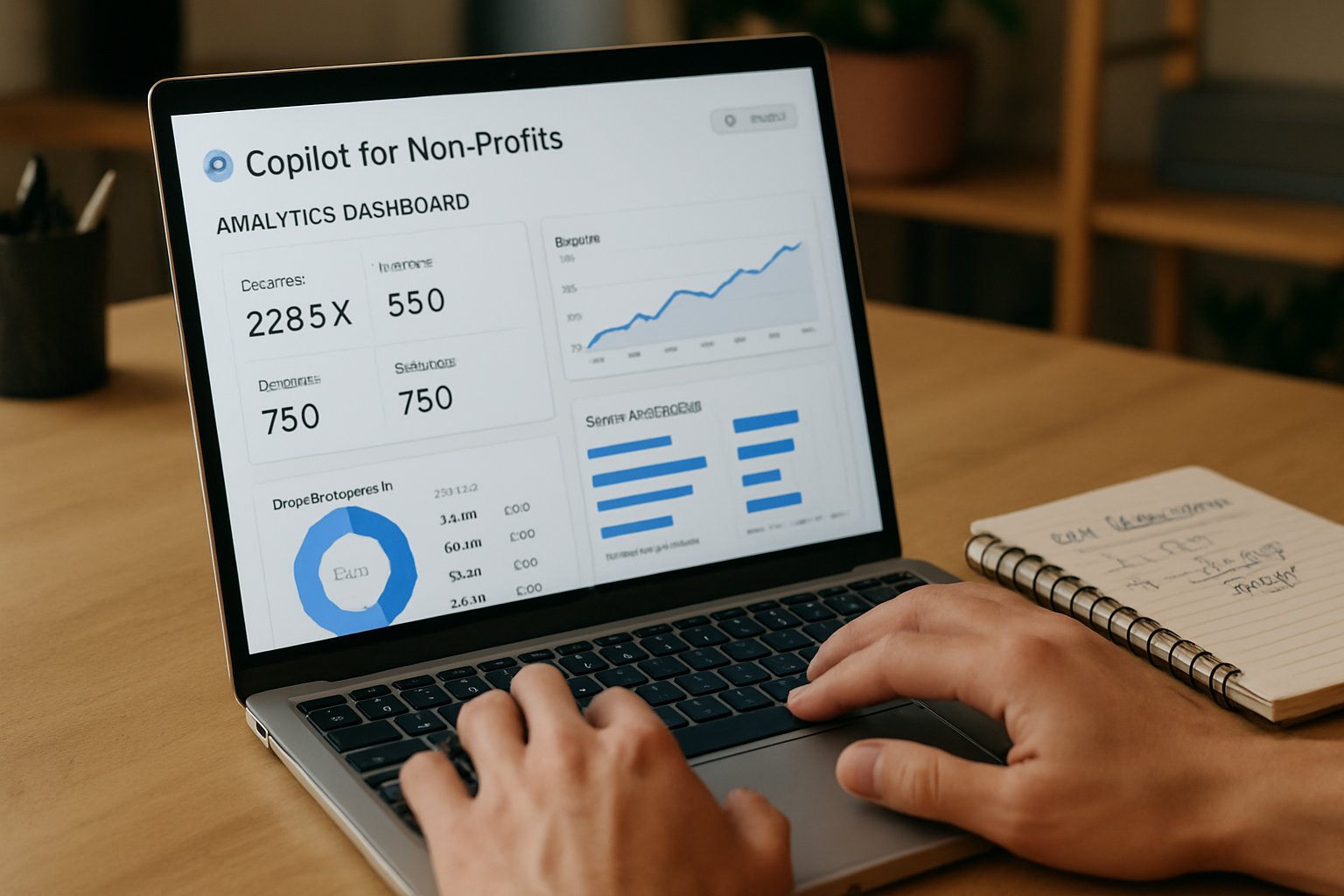 Analytics dashboard showing Copilot for Non-Profits ROI metrics on laptop.