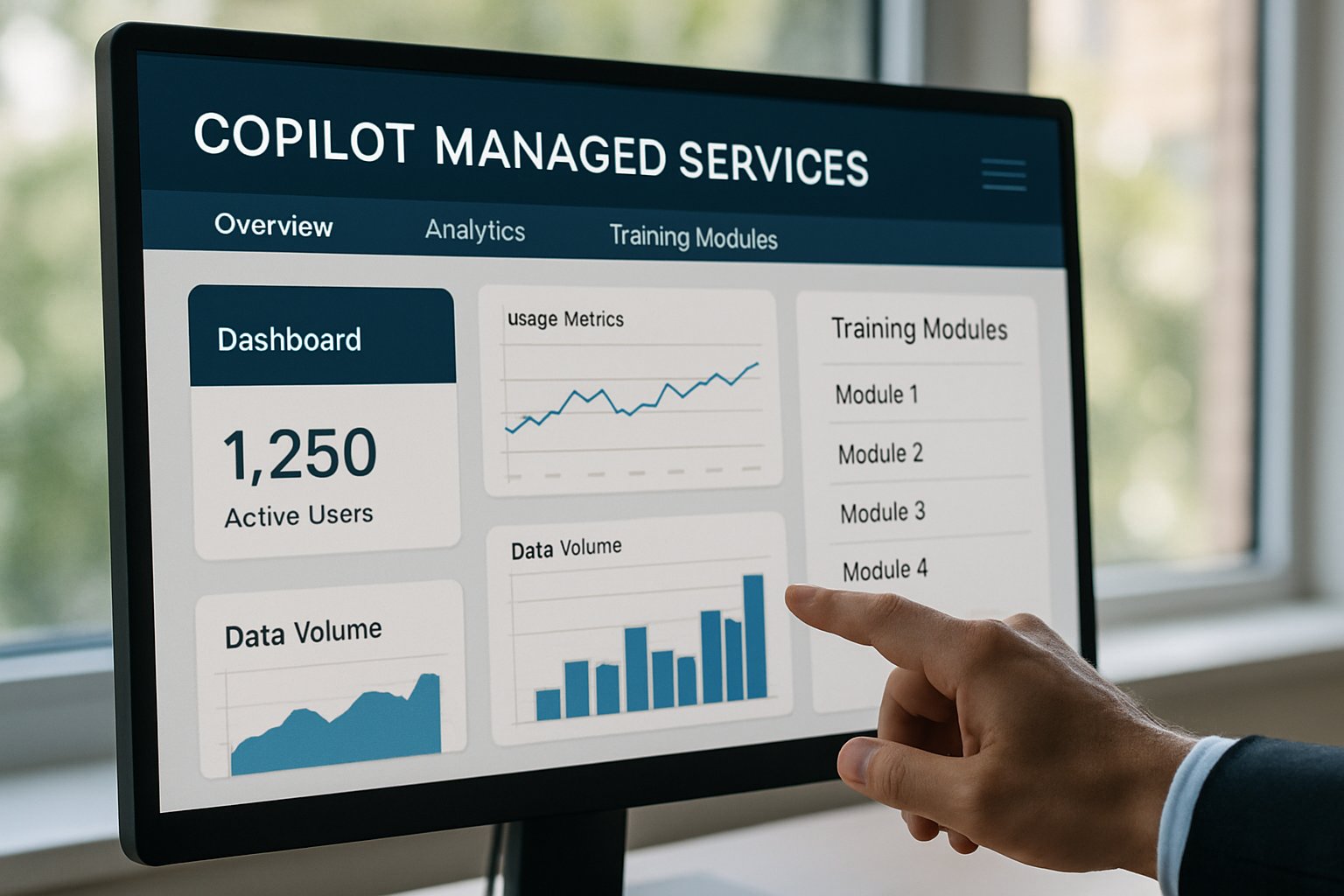 User navigating data dashboard for Copilot Managed Services in office setting.