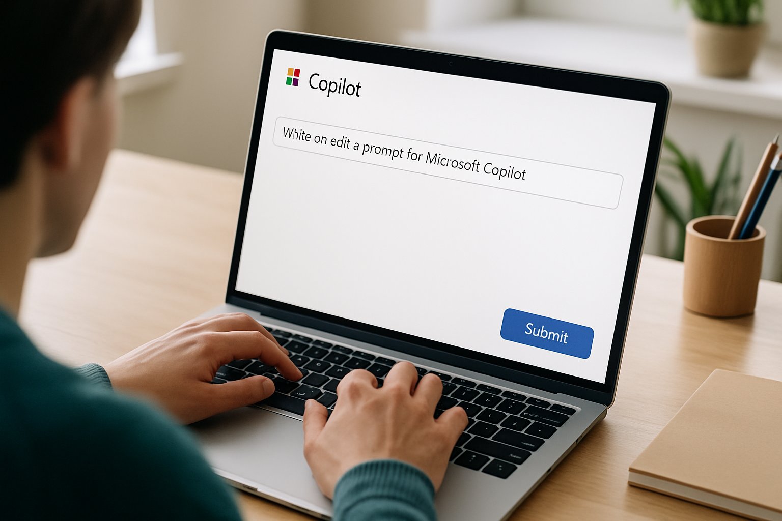 Employee crafting Copilot Prompt Engineering workflow on a laptop screen.