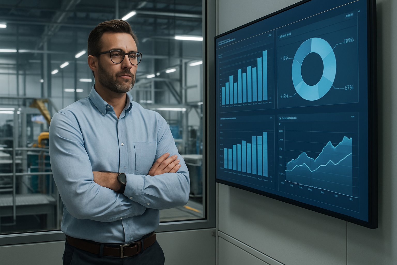 Factory manager analyzing AI-driven innovation data in realistic industrial control room.