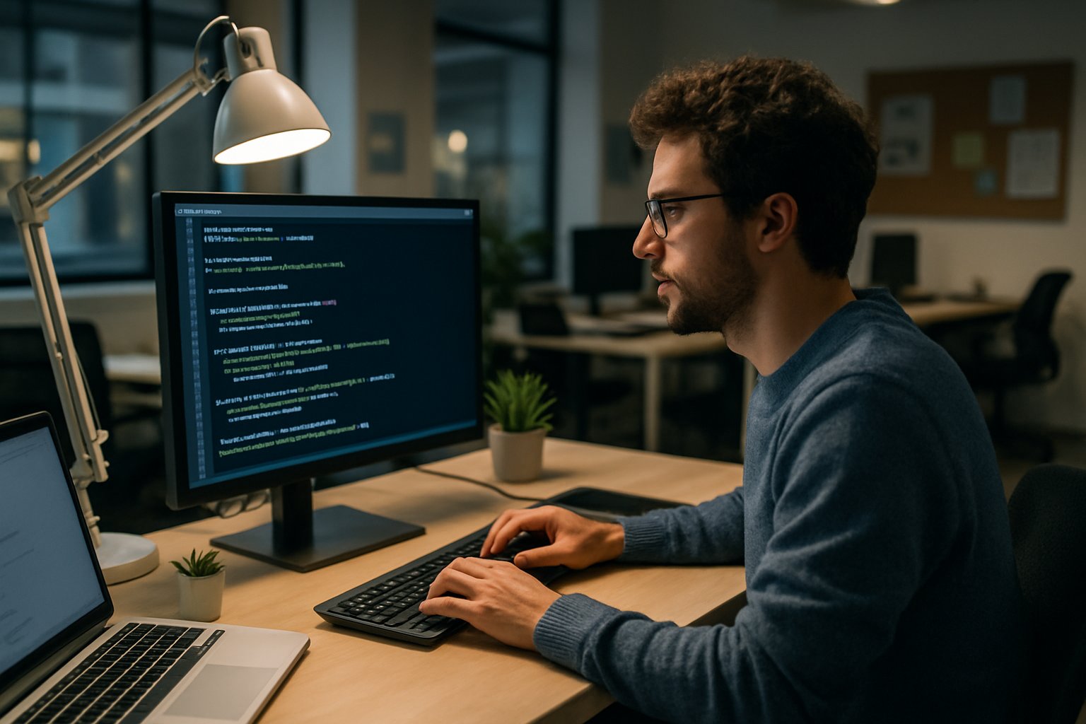 Software developer working on building enterprise AI at their desk.