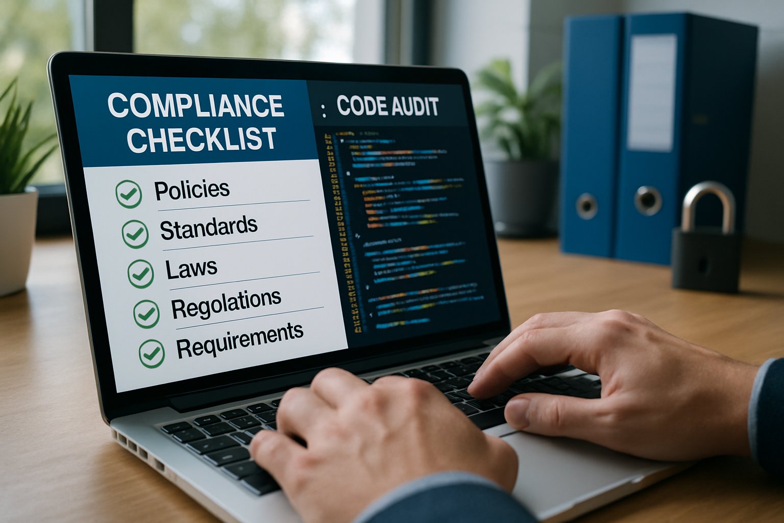 Hands working on ethical AI implementation and compliance auditing in regulated enterprise environment.