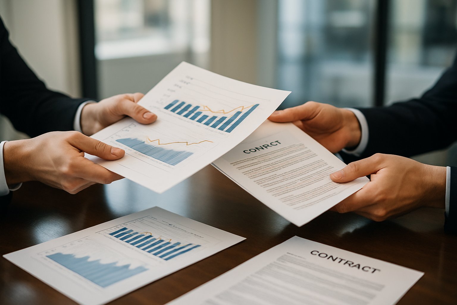 Consultants exchange financial documents about AI adoption consulting pricing models.