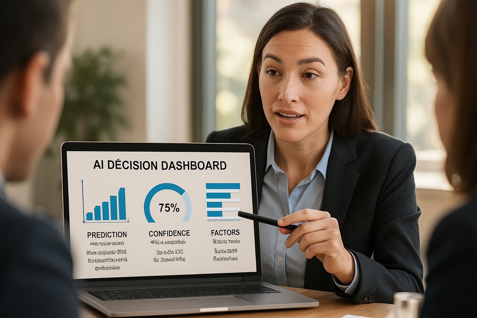Businesswoman explaining AI decisions with clear dashboard visuals in an office.
