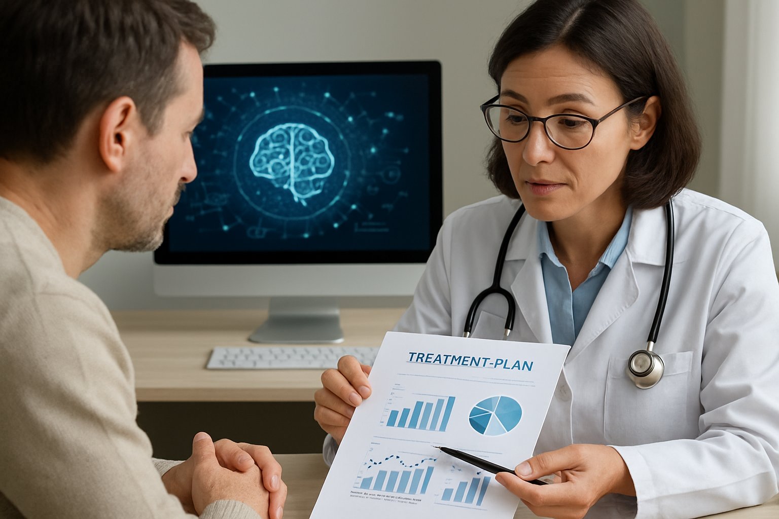 Doctor explaining AI-driven personalized medicine solution to a patient.