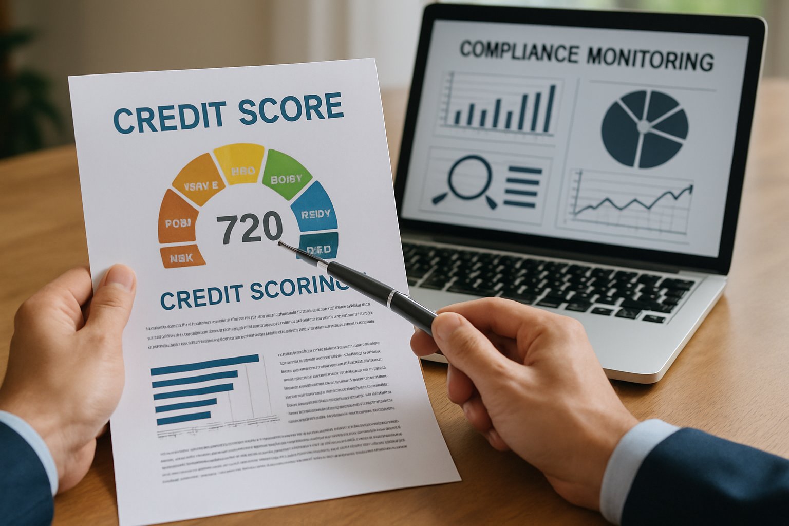Professional analyzes credit scoring fairness report using compliance software.
