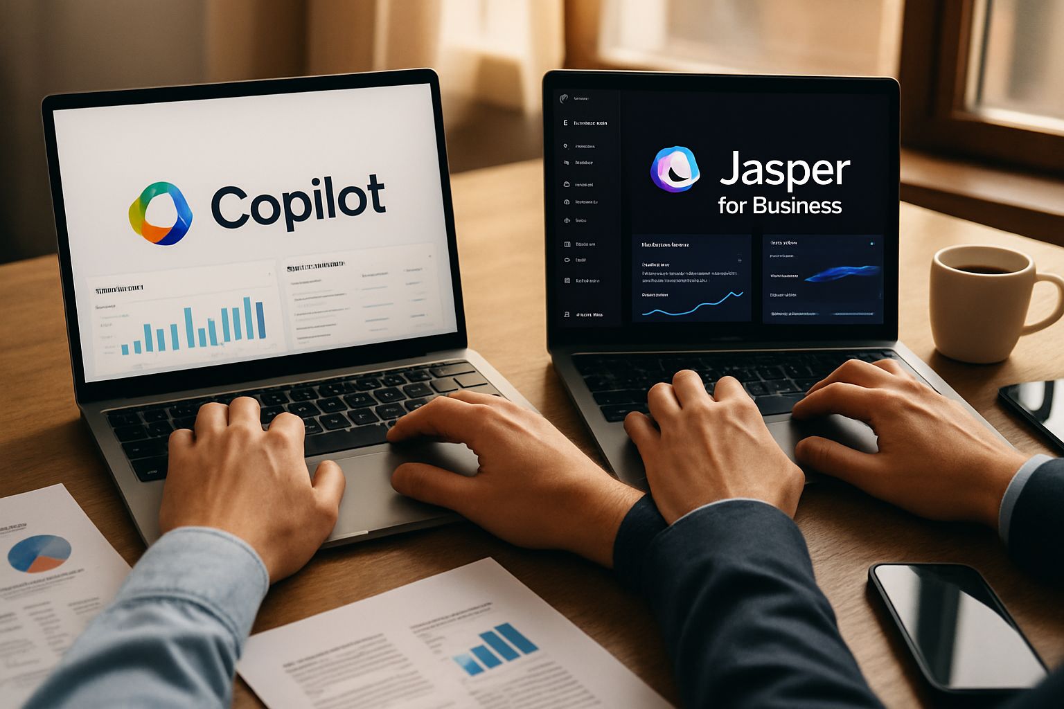Comparing features of Copilot vs Jasper for Business on laptop screens