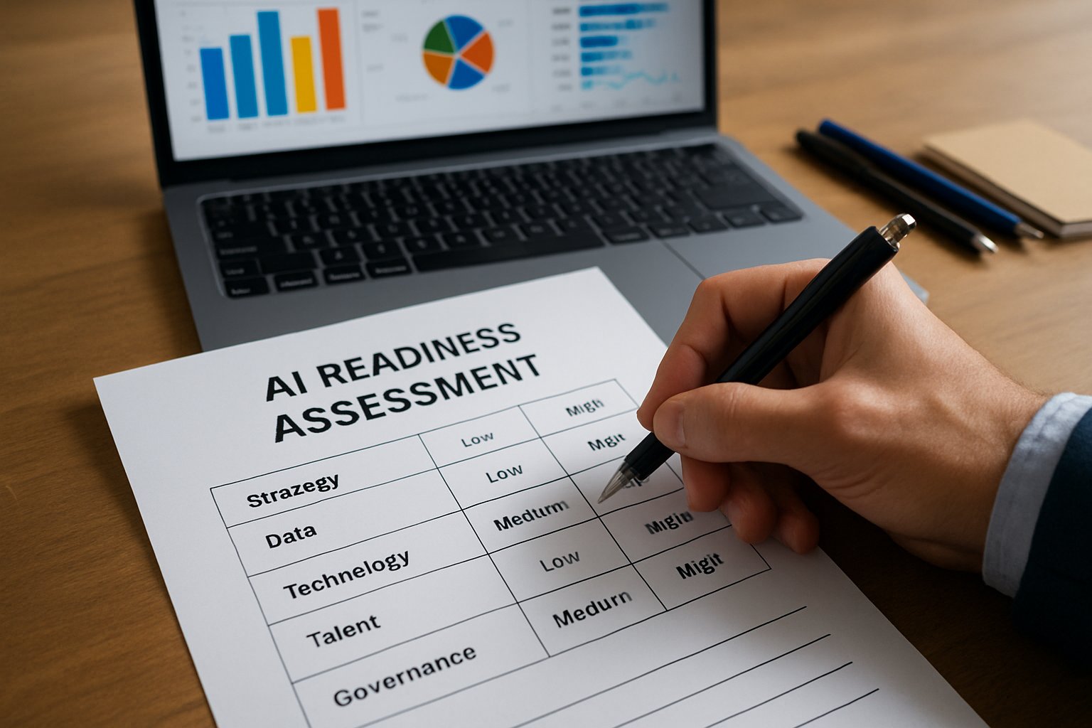 Professional completing AI readiness assessment with analytics displayed on laptop.