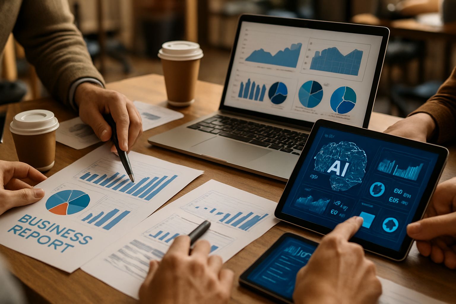 Hands and analytics reports showcase ai adoption consulting in a modern office.