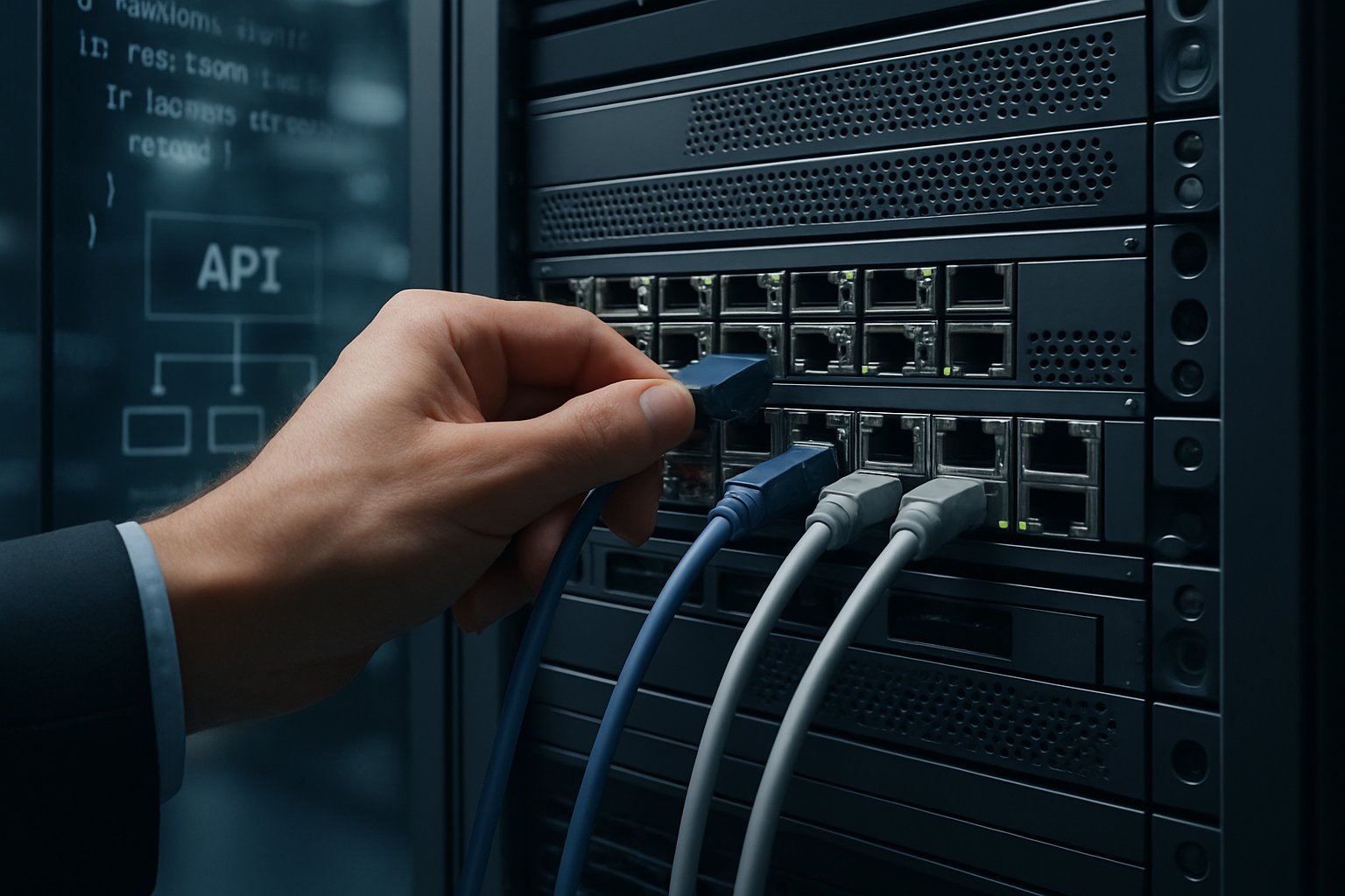 Technician integrating legacy systems with AI-driven technology in a secure financial data center.