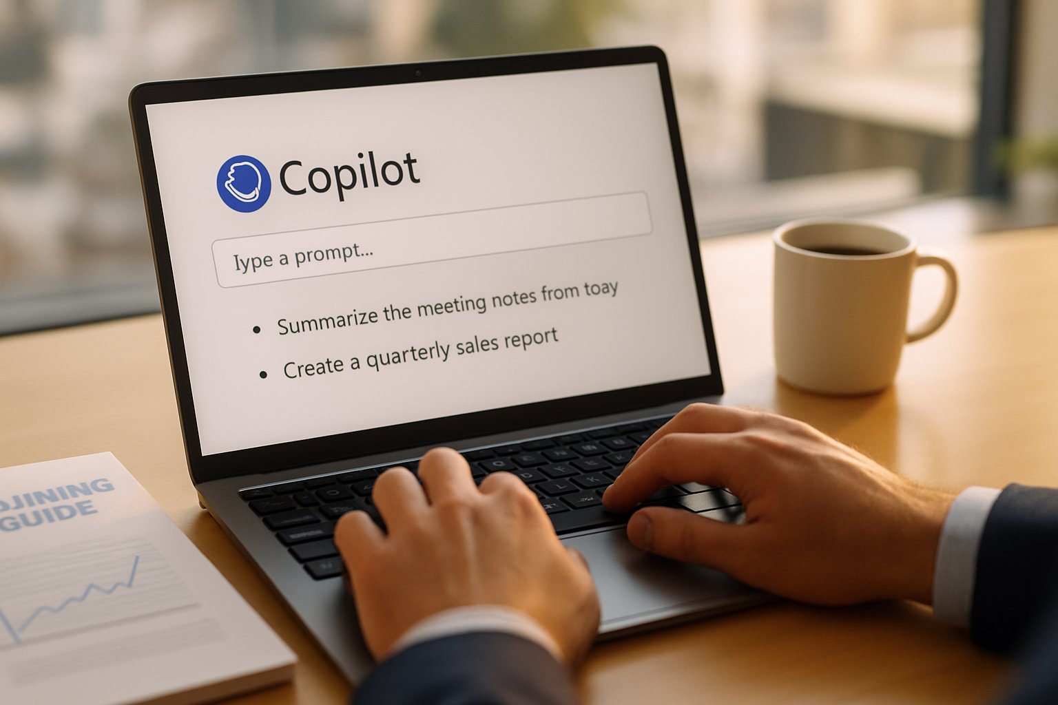 Employee practicing Copilot Training for Teams with interactive prompt guide on laptop.