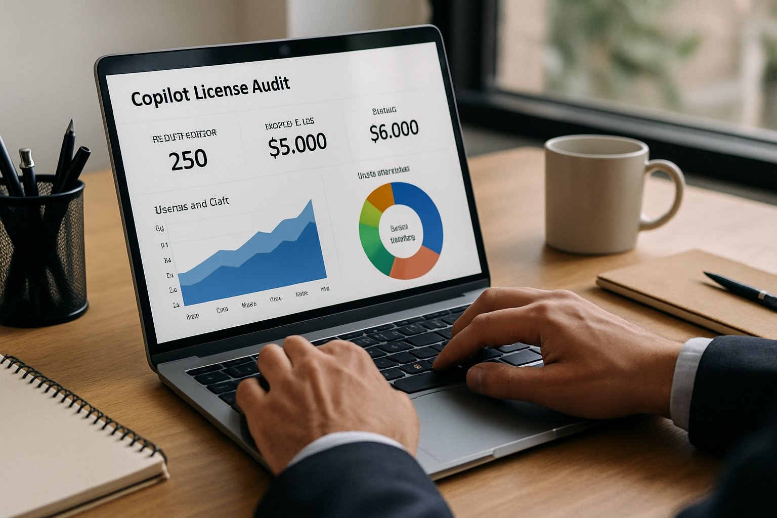 Copilot License Audit dashboard showing charts and budget analysis on laptop