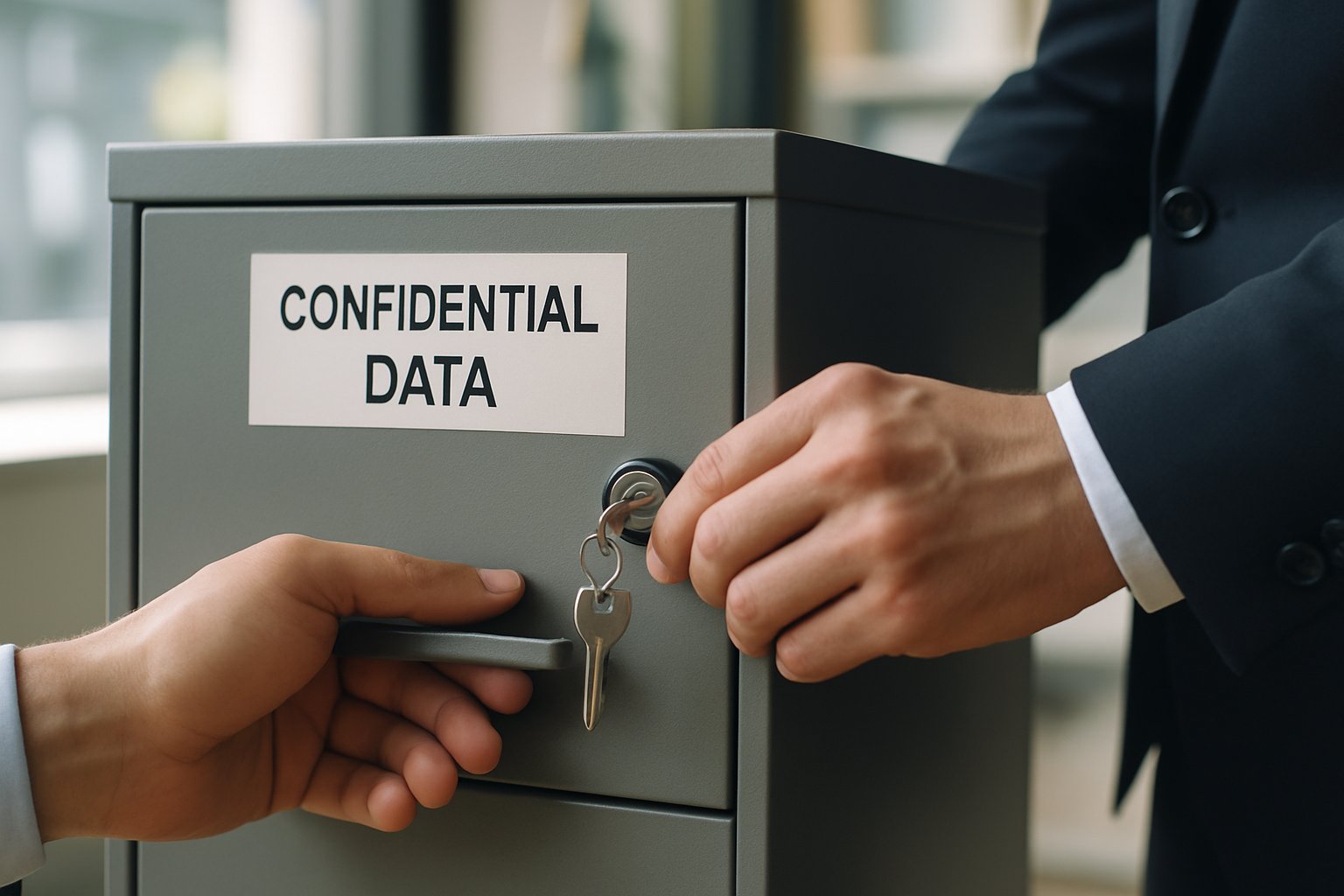 Professional locks confidential data in secure filing cabinet to ensure data privacy.