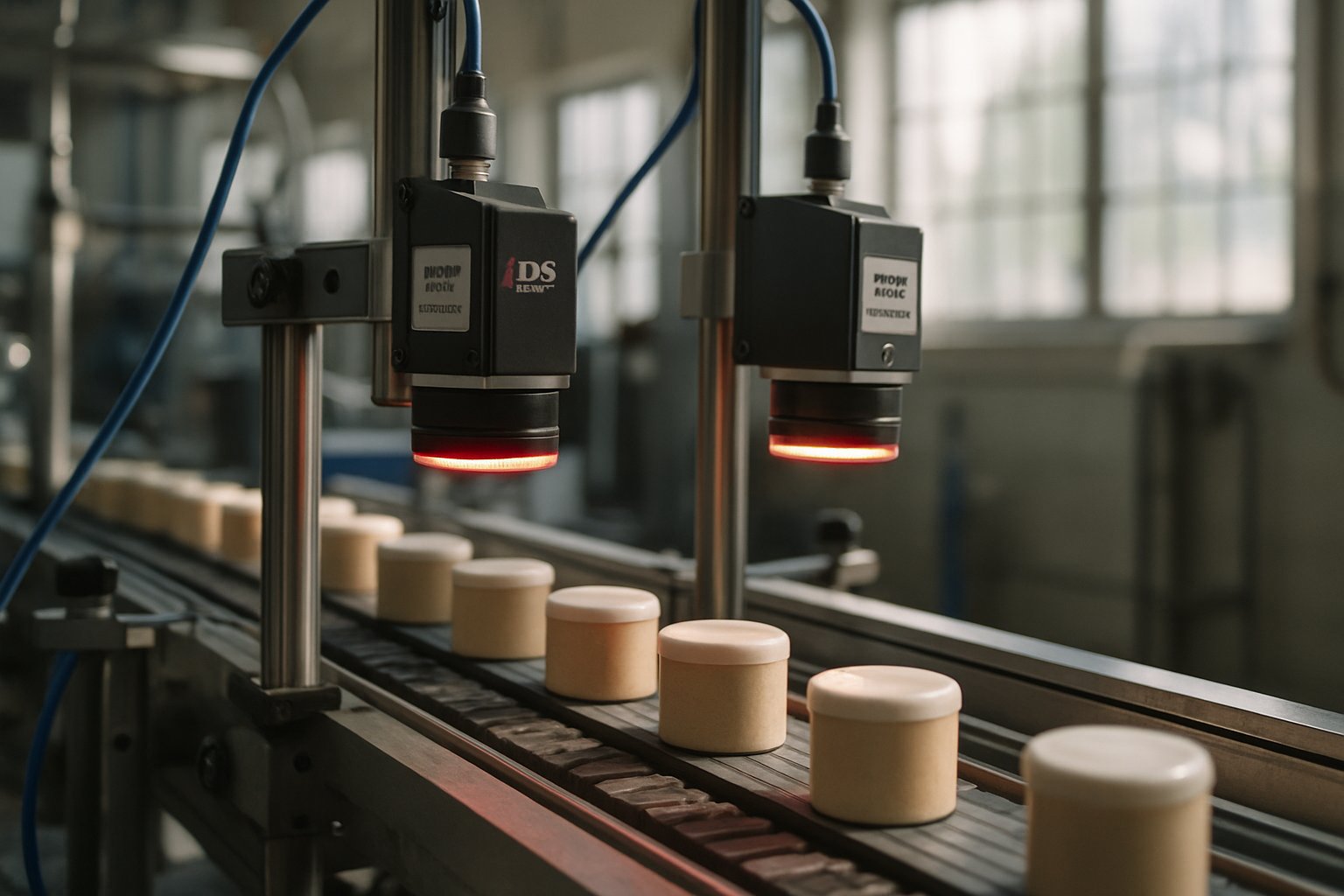 Automated machine vision system inspecting products for quality control on production line.