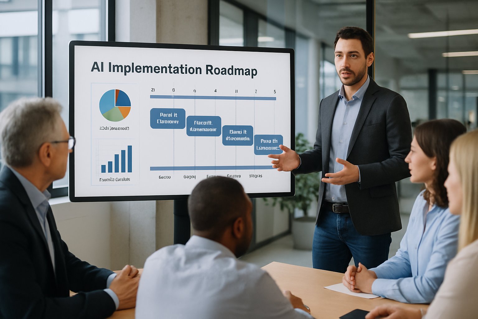 Manager presents AI adoption roadmap to executives and team using digital whiteboard.