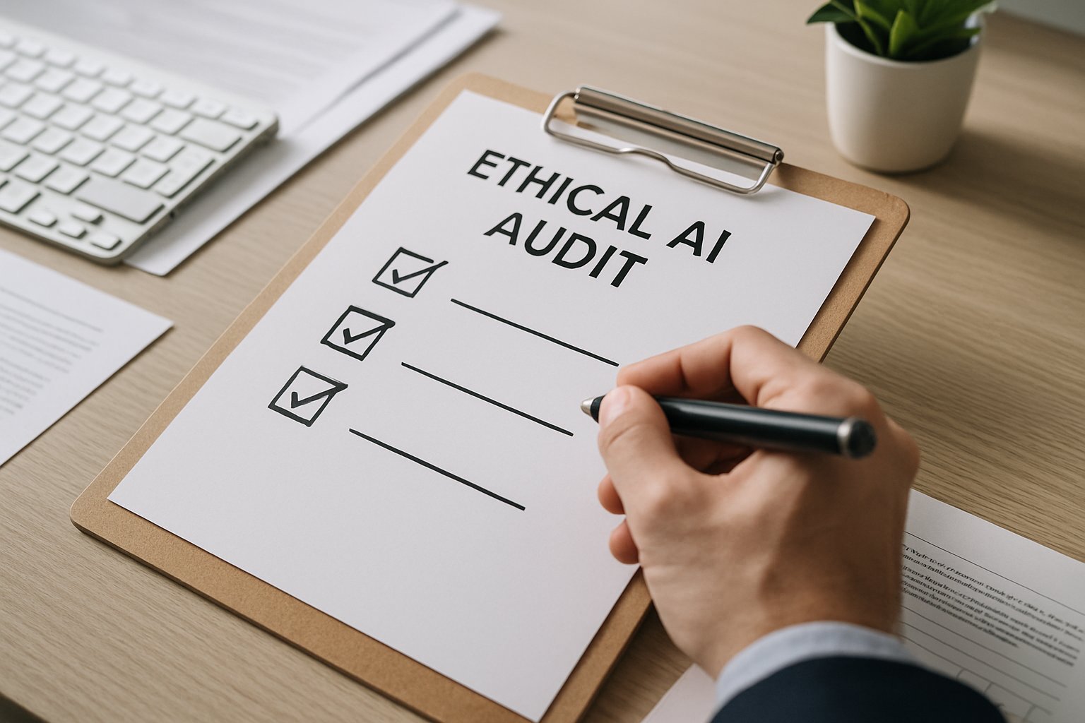 Checklist being marked for ethical AI adoption internal audit process.