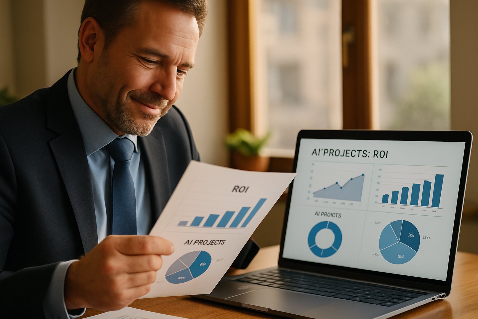 Executive analyzing ROI metrics related to enterprise AI adoption.