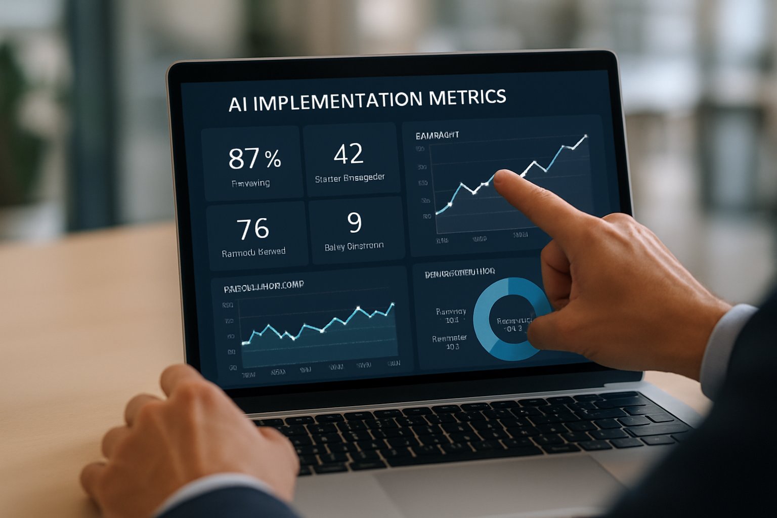 Hands reviewing AI implementation metrics dashboard in enterprise adoption setting.