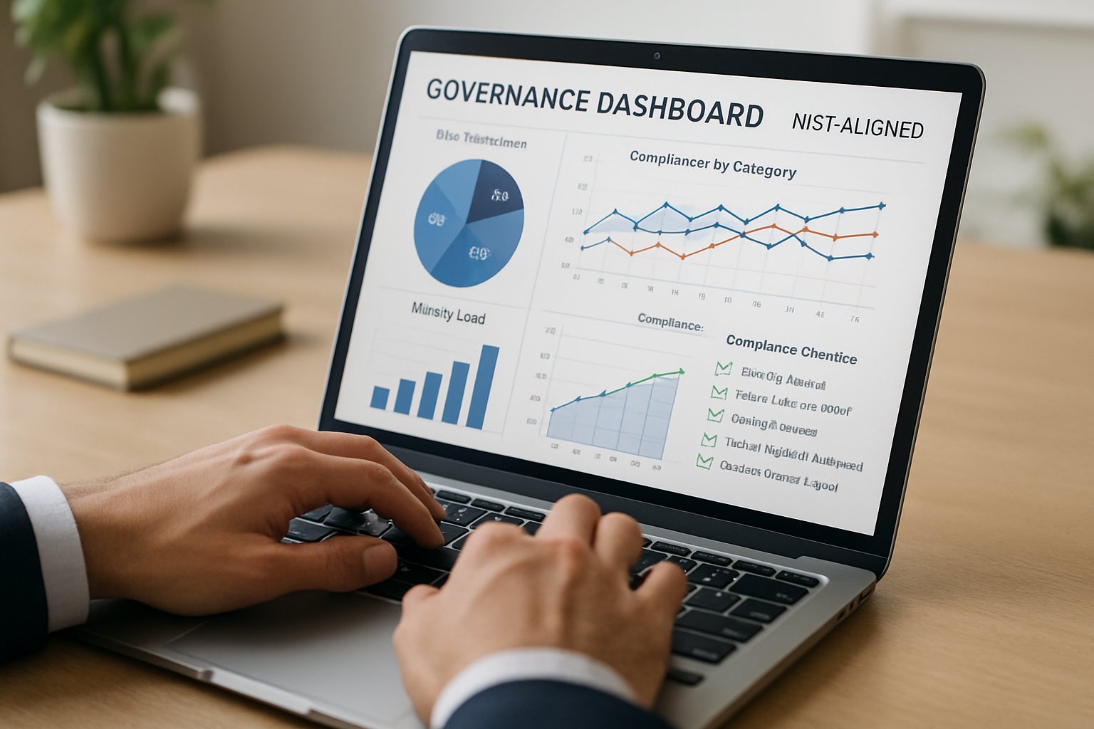 Hands typing with NIST-aligned AI governance dashboard on laptop screen