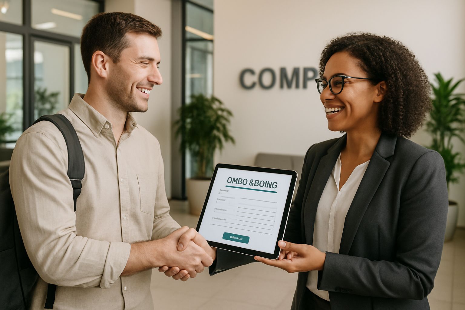 Copilot for HR onboarding process with HR manager and new employee in office.