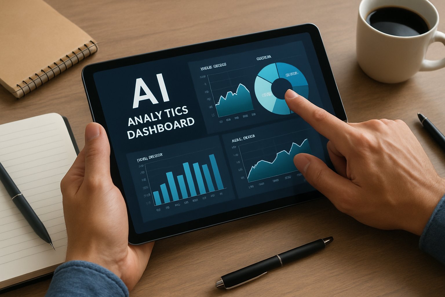 Hands using tablet for AI analytics during AI adoption in business.
