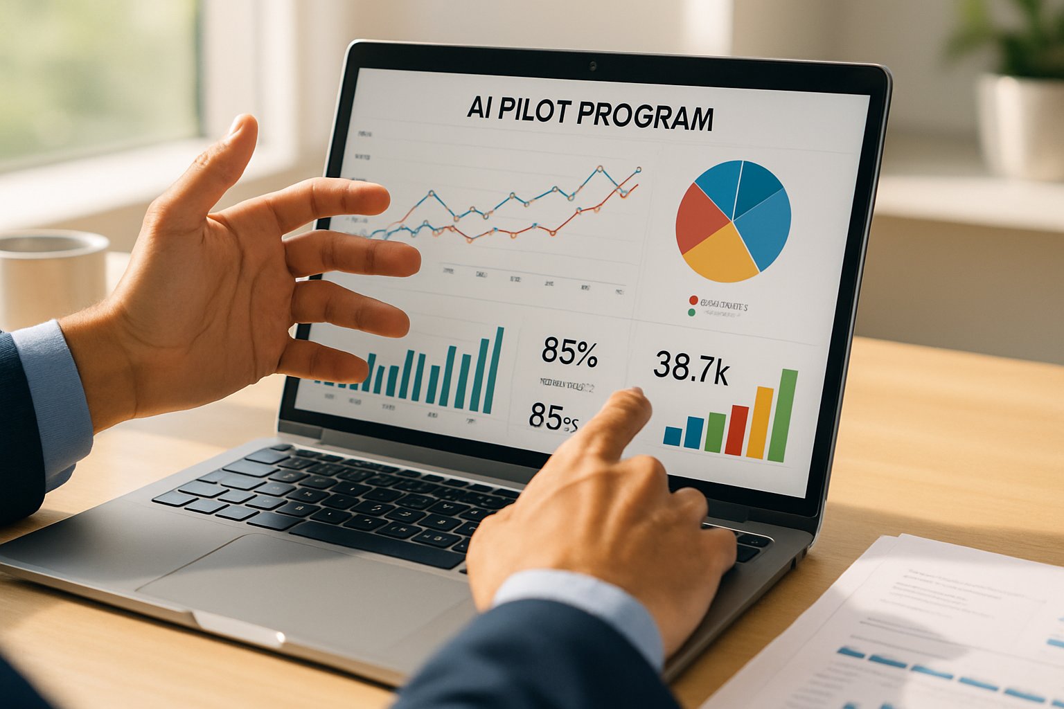 Hands showing AI adoption ROI metrics on a consultant's laptop screen.