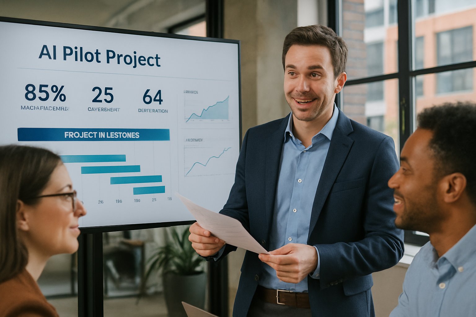 Professional presenting AI pilot project dashboard in a real office.
