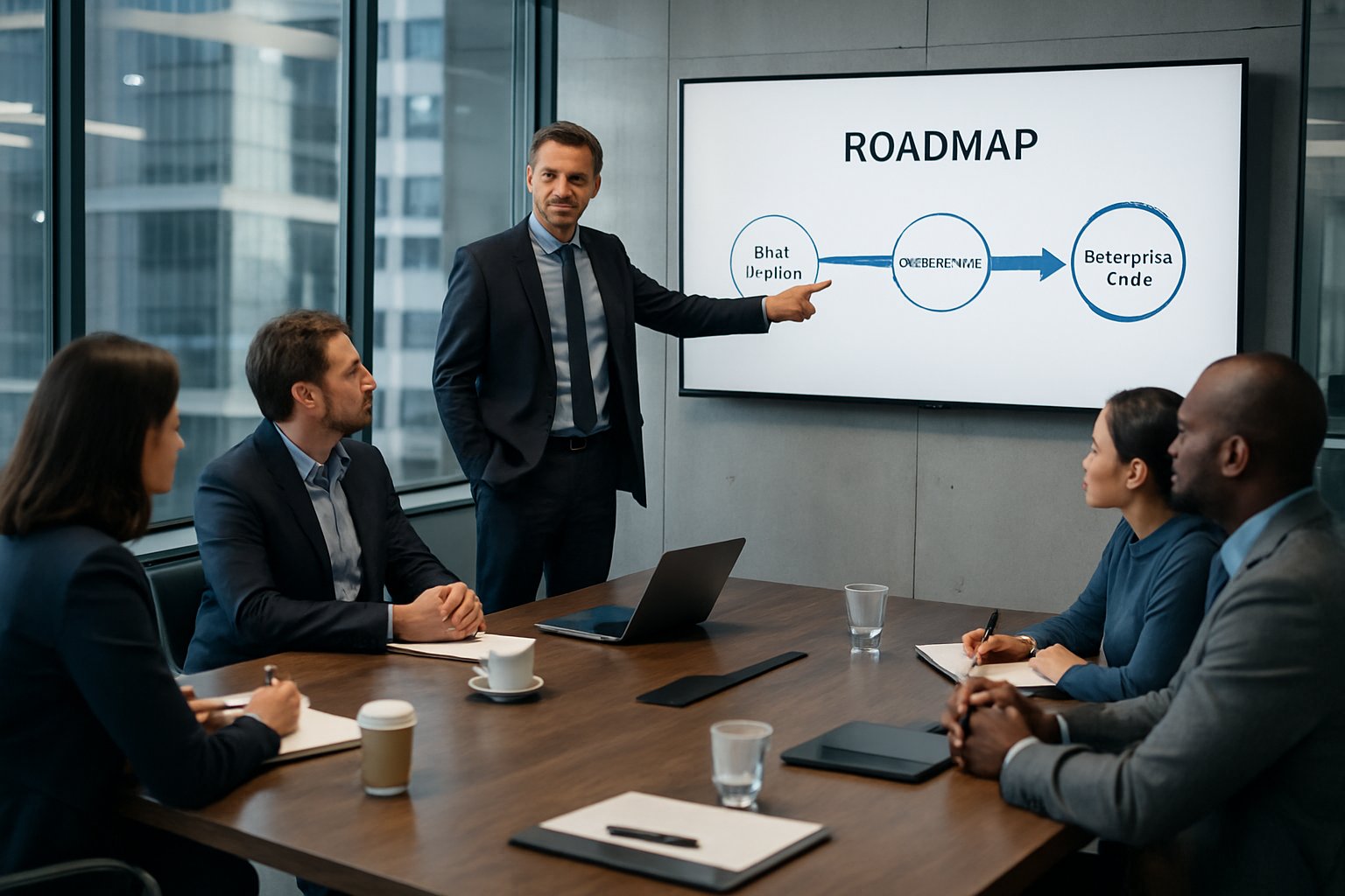 Executive presenting AI roadmap from pilots to enterprise scale.