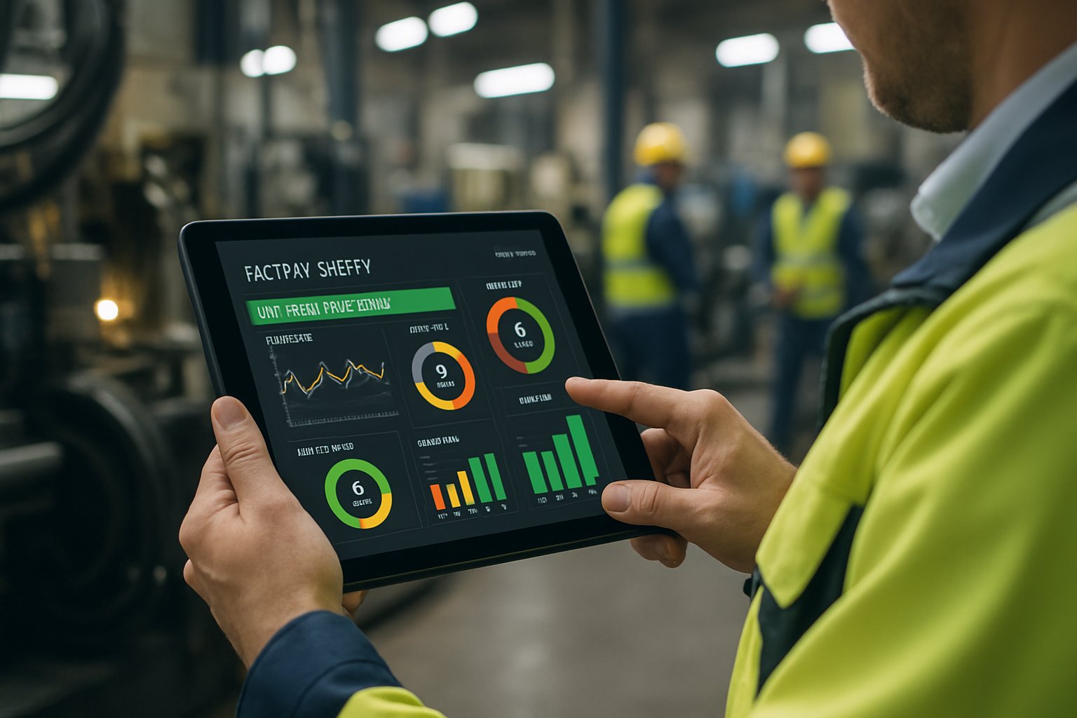 Supervisor reviews AI safety data on tablet in manufacturing facility.