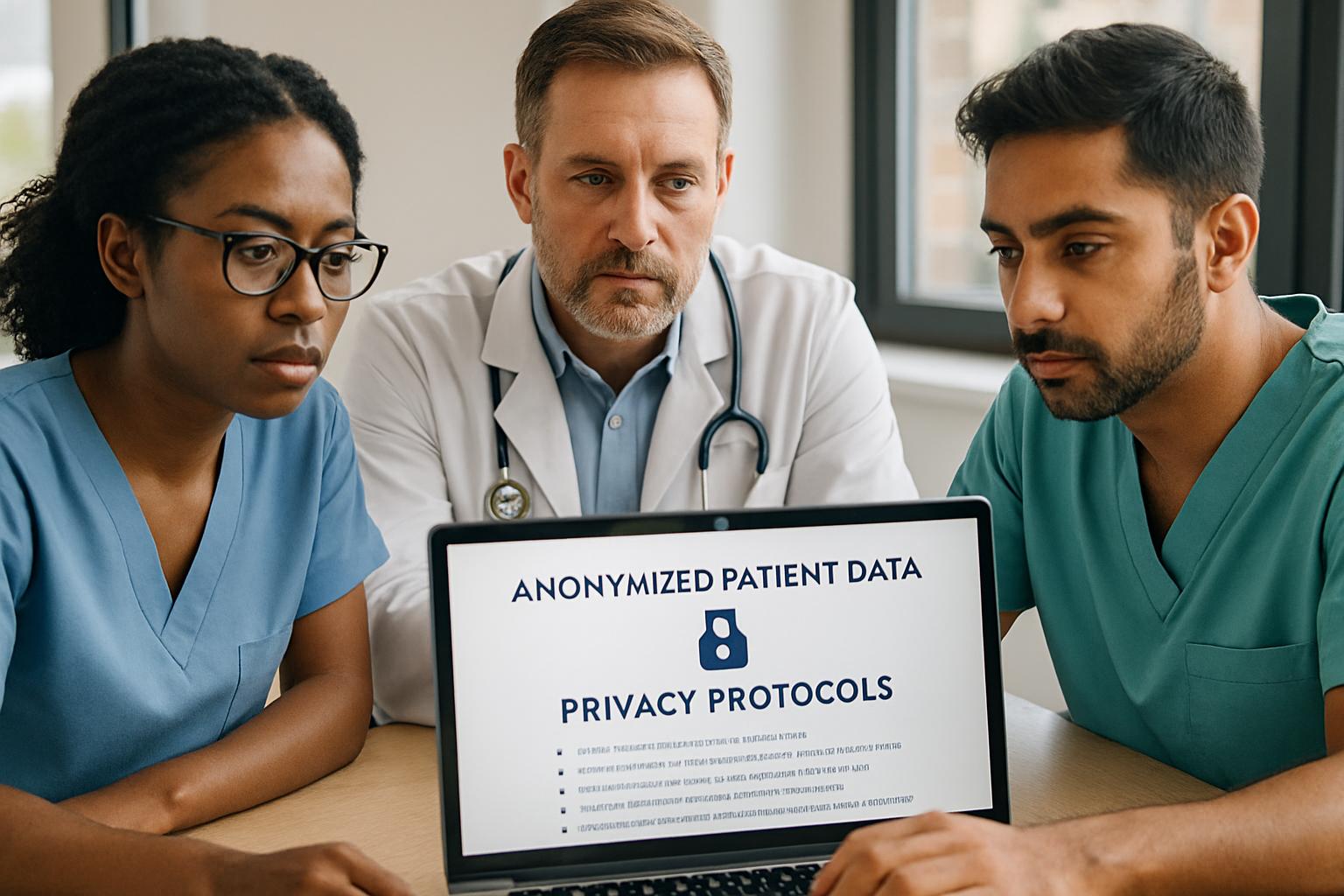 Healthcare team reviews anonymized patient data for ethical AI adoption strategies.