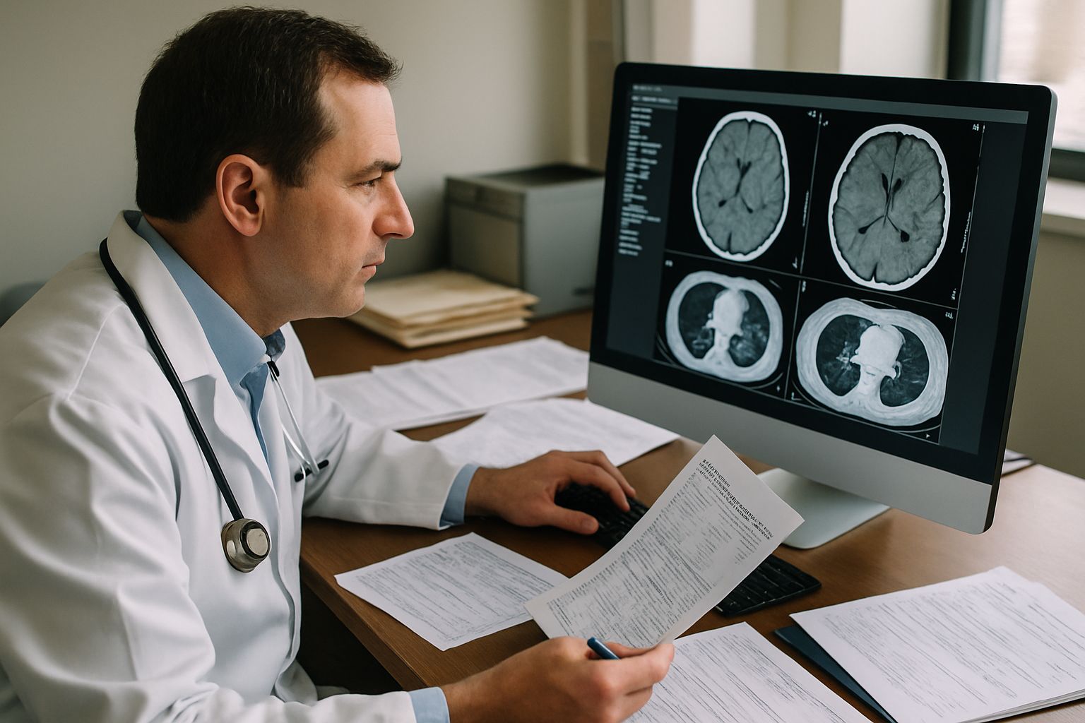 A doctor reviews digital medical scans to ensure accurate healthcare diagnoses using AI.