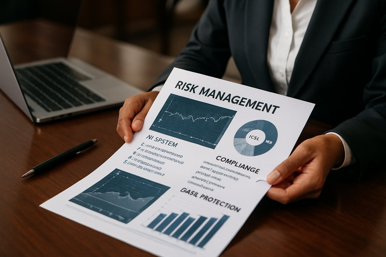 Businesswoman reviewing enterprise AI risk management reports and compliance charts.