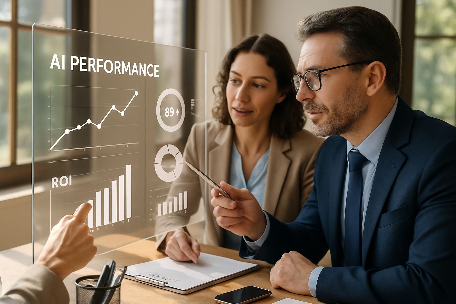 Consultant and executive analyzing AI ROI metrics during enterprise AI adoption planning.