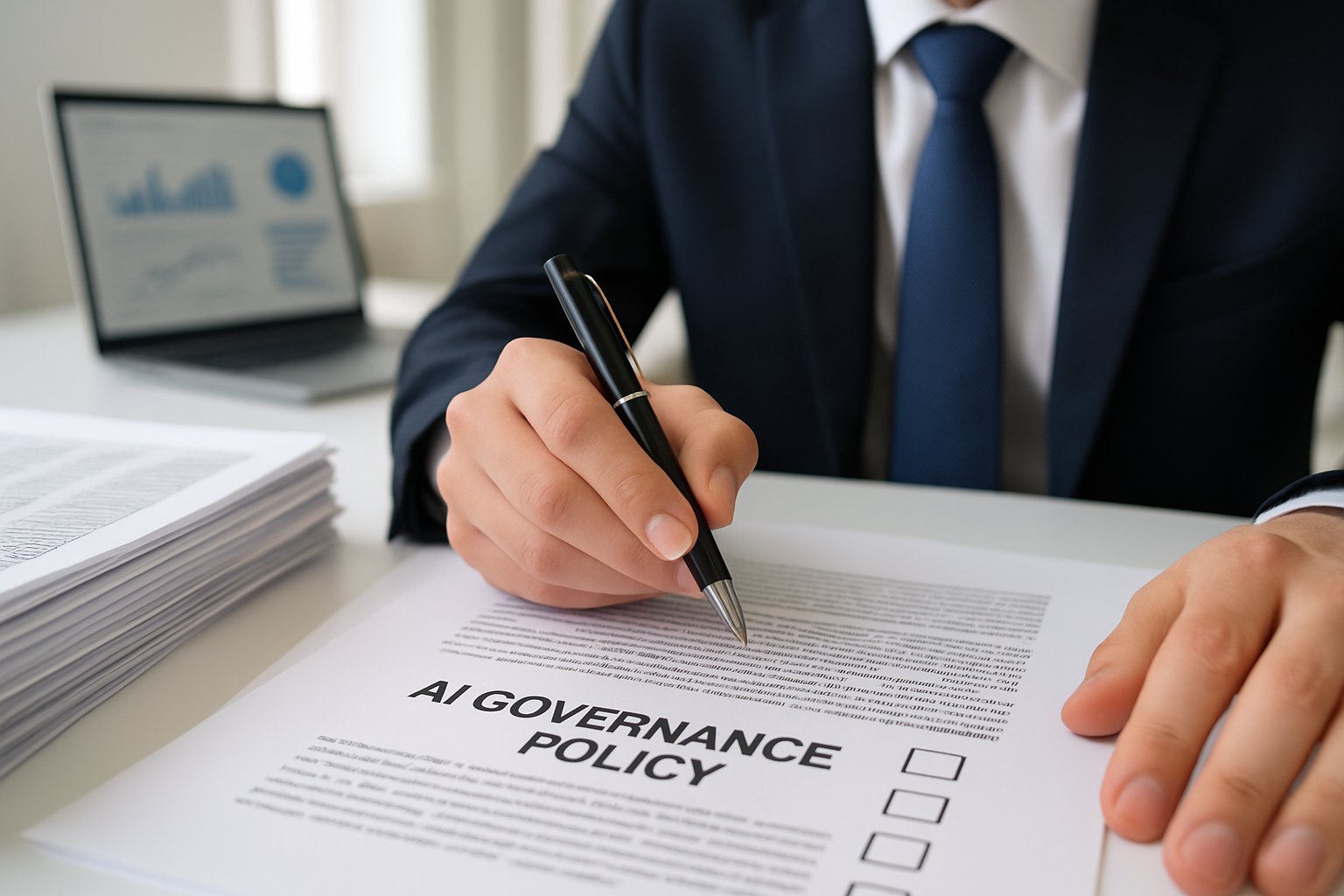 Executive reviews AI governance policy and legal documents for finance operations.