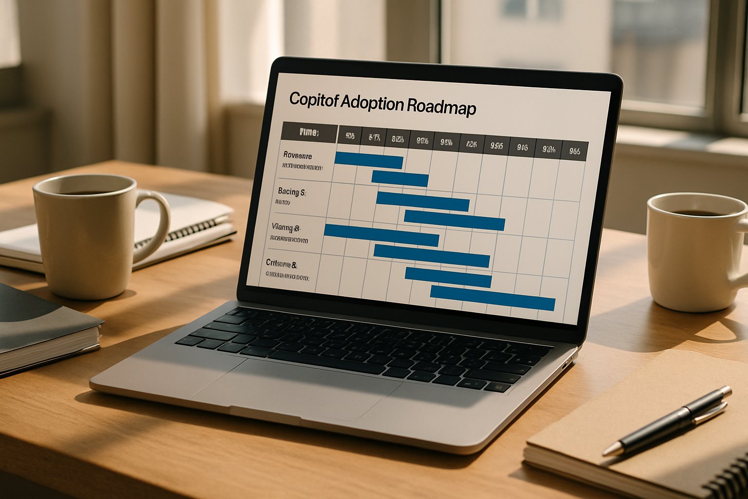 Laptop screen displaying Copilot Adoption Roadmap project timeline in workspace.